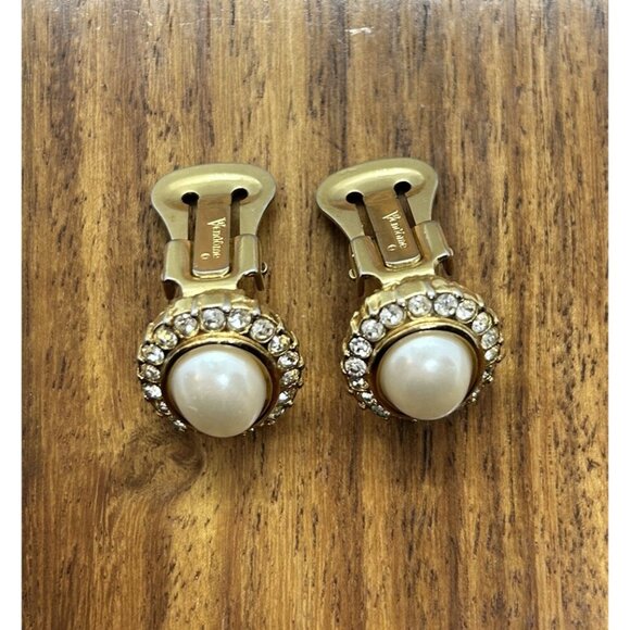 Vintage Vendome Signed Clip On Earrings Faux Pearl Rhinestone - Picture 2 of 5